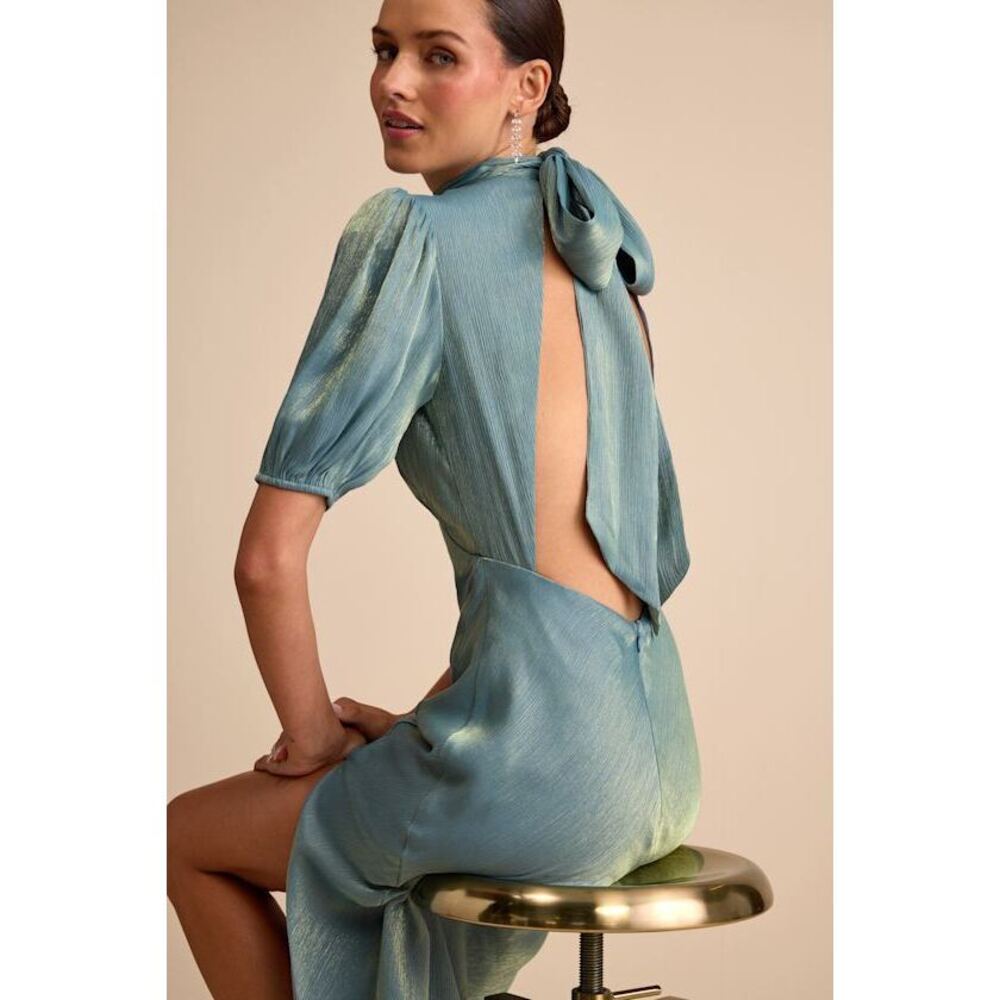 Lulus Talira Light Blue Satin Lurex Mock Neck Cutout Maxi Dress - Size M